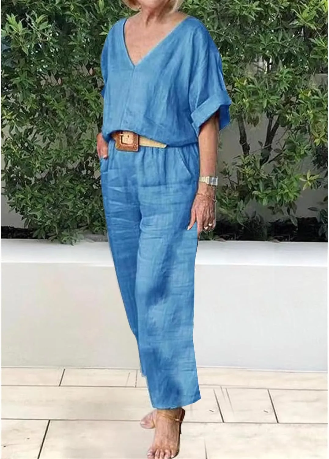Women's Cotton and Linen Casual Two-Piece Set Summer Oversized Short Sleeve T Shirts V Neck Top Loose Capri Pant Sets