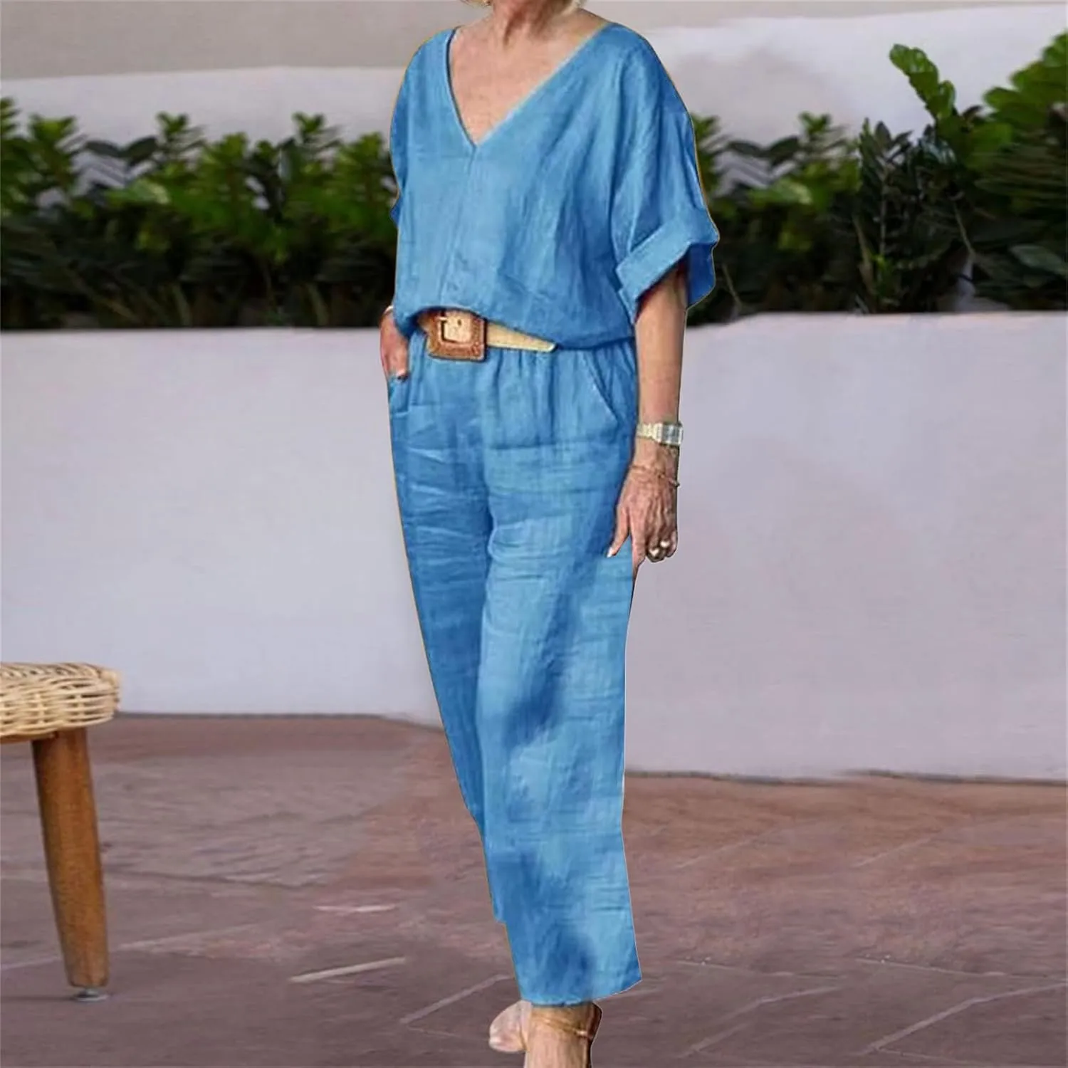 Women's Cotton and Linen Casual Two-Piece Set Summer Oversized Short Sleeve T Shirts V Neck Top Loose Capri Pant Sets