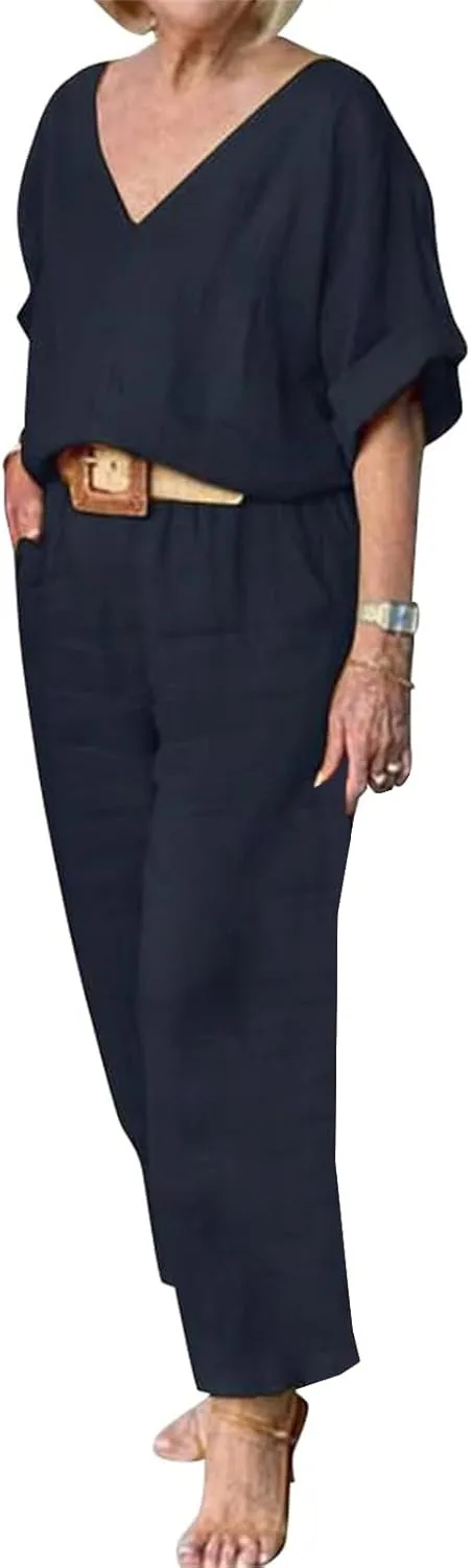 Women's Cotton and Linen Casual Two-Piece Set Summer Oversized Short Sleeve T Shirts V Neck Top Loose Capri Pant Sets