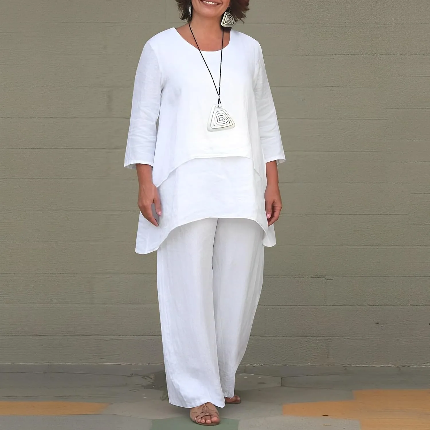 Womens Cotton Linen 2 Piece Sets Double-Layered Irregular Top Elastic Waist Long Pants with Pockets Loose Lounge Sets
