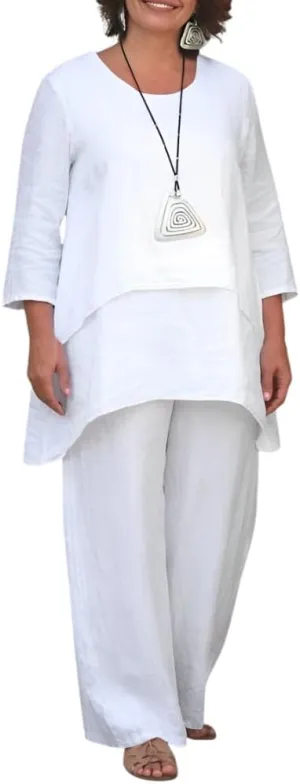 Womens Cotton Linen 2 Piece Sets Double-Layered Irregular Top Elastic Waist Long Pants with Pockets Loose Lounge Sets