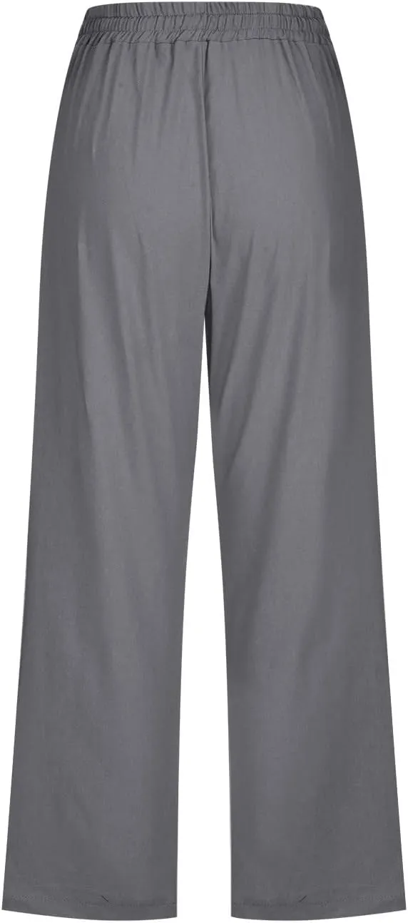 Women's Cotton Linen Capri Pant Loose Elastic Straight Leg 2025 Summer Lounge Palazzo Pant with Pockets