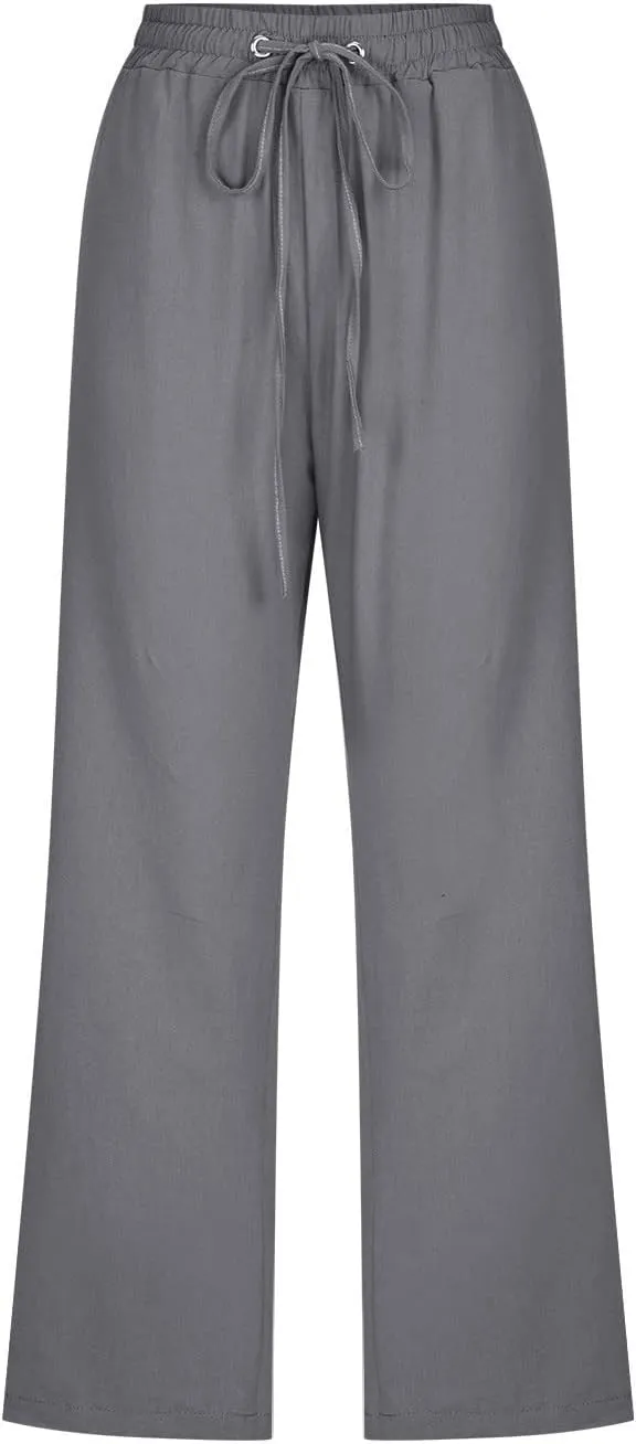 Women's Cotton Linen Capri Pant Loose Elastic Straight Leg 2025 Summer Lounge Palazzo Pant with Pockets