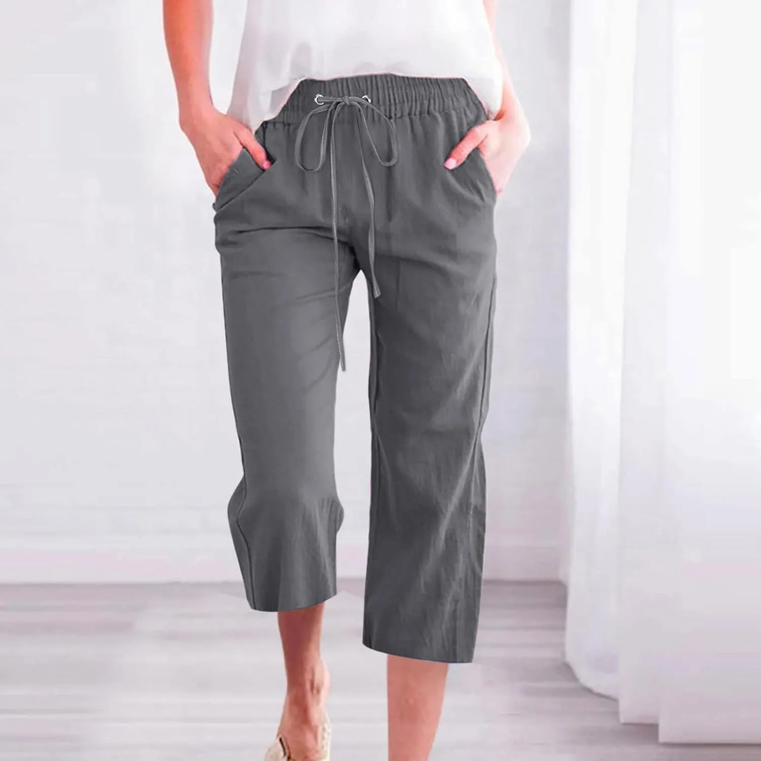 Women's Cotton Linen Capri Pant Loose Elastic Straight Leg 2025 Summer Lounge Palazzo Pant with Pockets