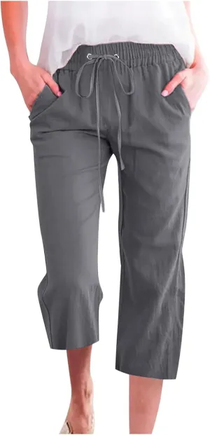 Women's Cotton Linen Capri Pant Loose Elastic Straight Leg 2025 Summer Lounge Palazzo Pant with Pockets