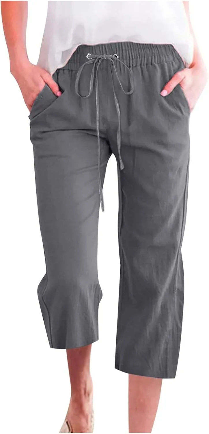 Women's Cotton Linen Capri Pant Loose Elastic Straight Leg 2025 Summer Lounge Palazzo Pant with Pockets