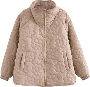 Women's Down Jackets Lapel Buttons Closed Casual Puffer Jacket Coat Cozy Lightweight Long Sleeve Floral Fuzzy Outwear