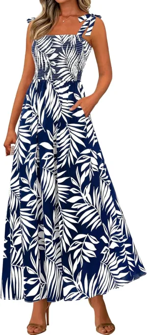Womens Dresses Sexy Boho Spaghetti Strap Maxi Dress Summer Floral Long Dress Square Neck Strapped Swing A Line Sundress