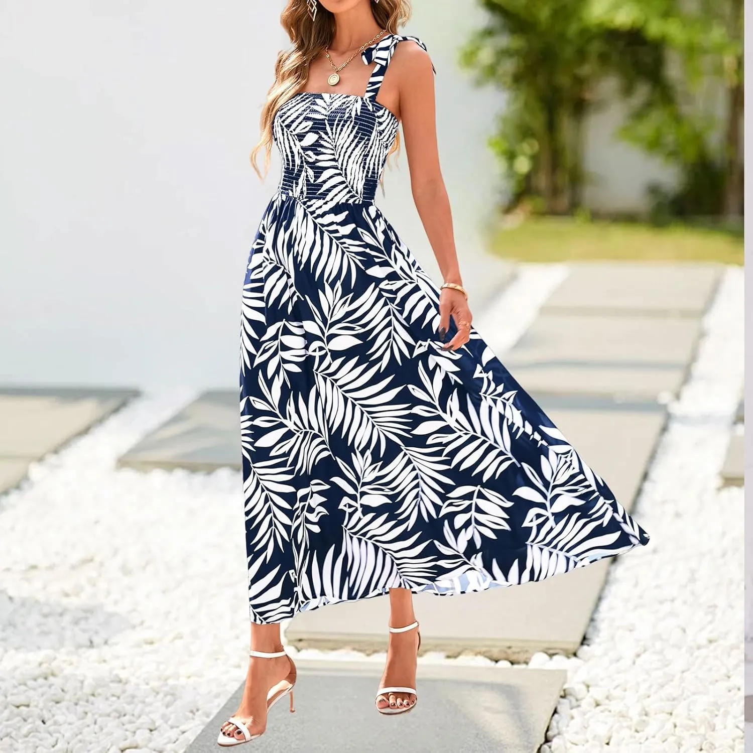 Womens Dresses Sexy Boho Spaghetti Strap Maxi Dress Summer Floral Long Dress Square Neck Strapped Swing A Line Sundress