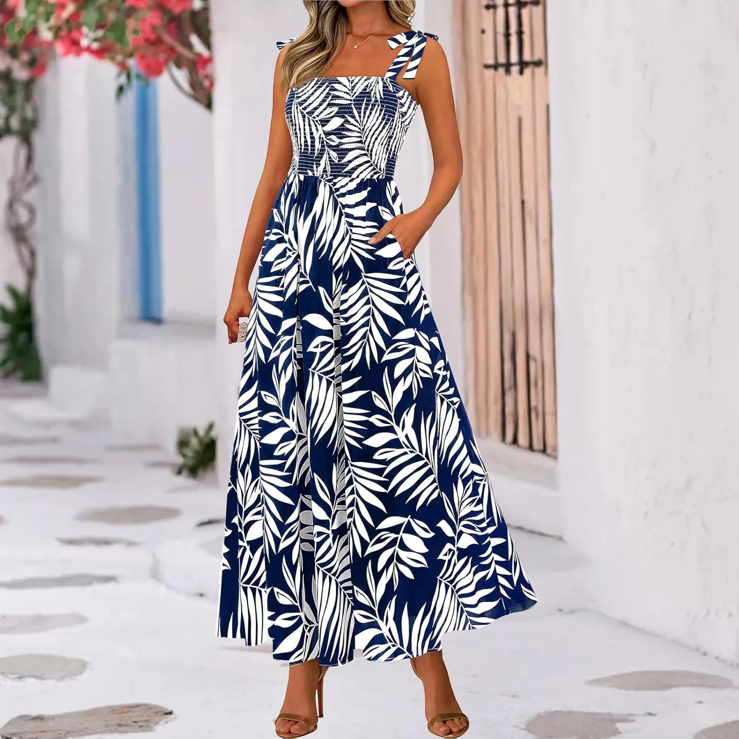 Womens Dresses Sexy Boho Spaghetti Strap Maxi Dress Summer Floral Long Dress Square Neck Strapped Swing A Line Sundress