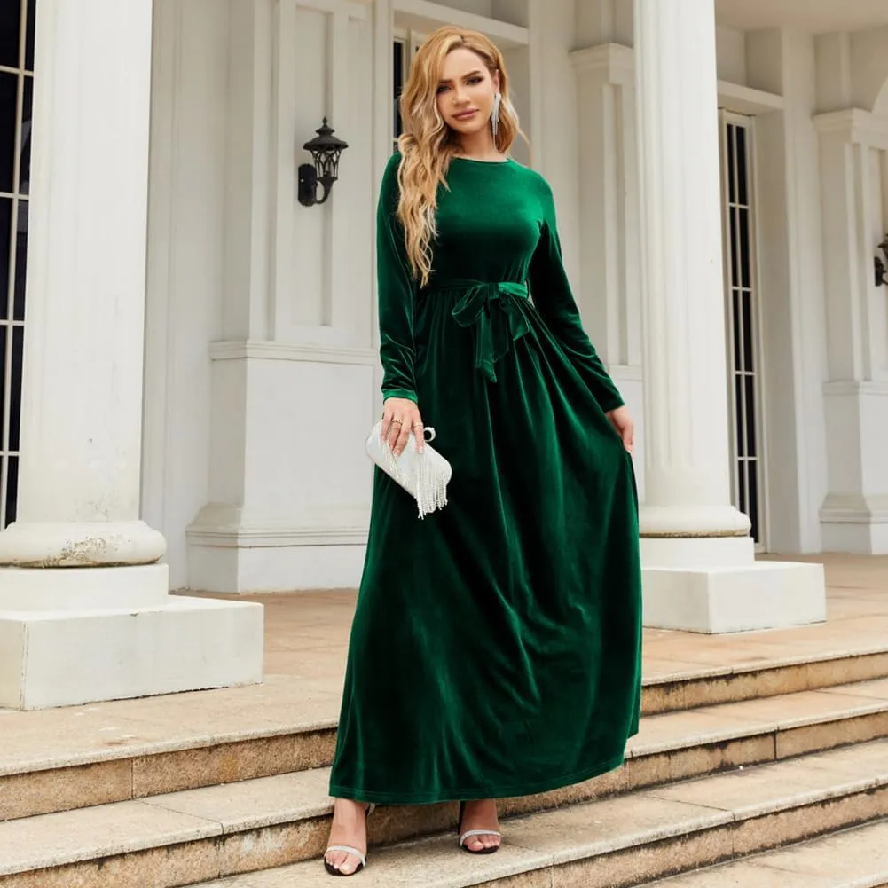 Women's Fall Dresses Long Sleeve Velvet Formal Maxi Dress with Belt Casual Cocktail Wedding Guest Party Long Dress