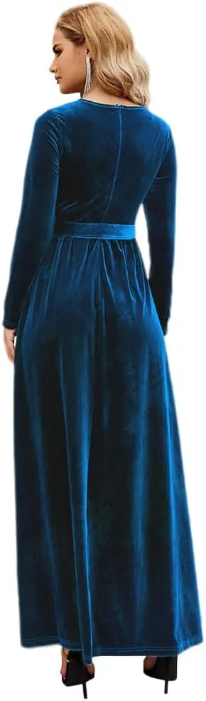 Women's Fall Dresses Long Sleeve Velvet Formal Maxi Dress with Belt Casual Cocktail Wedding Guest Party Long Dress