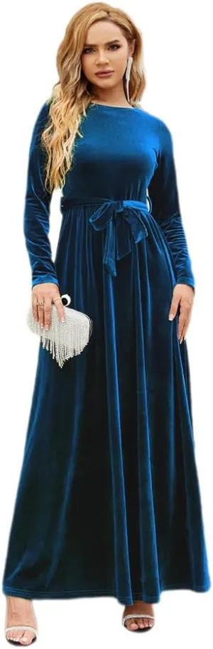 Women's Fall Dresses Long Sleeve Velvet Formal Maxi Dress with Belt Casual Cocktail Wedding Guest Party Long Dress