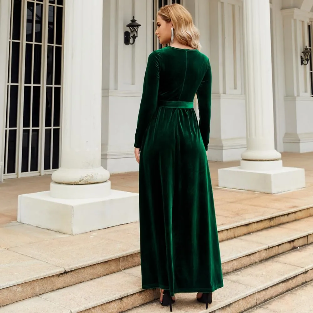 Women's Fall Dresses Long Sleeve Velvet Formal Maxi Dress with Belt Casual Cocktail Wedding Guest Party Long Dress
