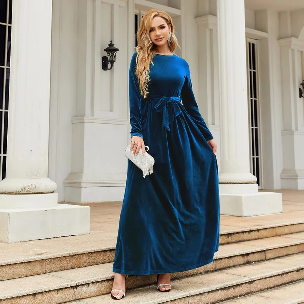 Women's Fall Dresses Long Sleeve Velvet Formal Maxi Dress with Belt Casual Cocktail Wedding Guest Party Long Dress