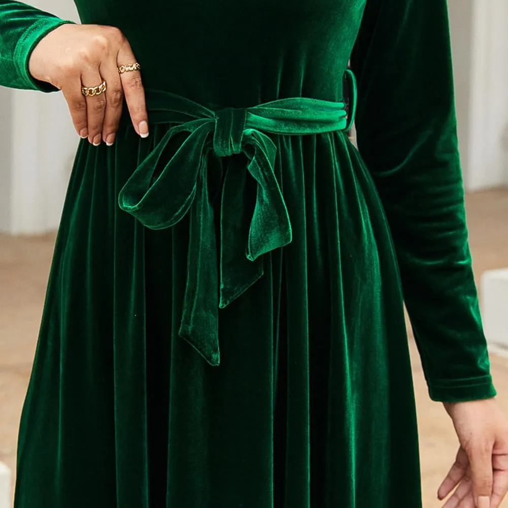 Women's Fall Dresses Long Sleeve Velvet Formal Maxi Dress with Belt Casual Cocktail Wedding Guest Party Long Dress