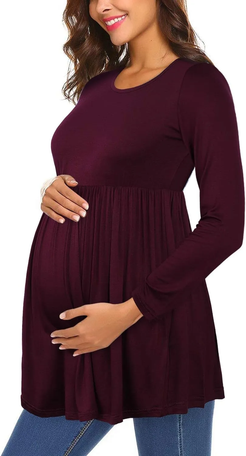 Womens Flattering Maternity Tops Comfy Short Sleeve Pleated Pregnancy Shirt