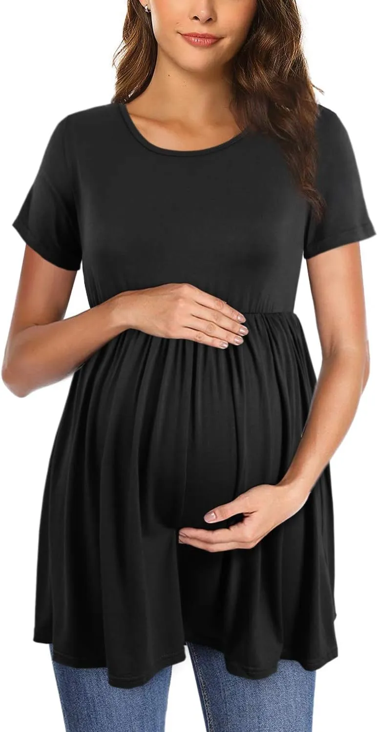 Womens Flattering Maternity Tops Comfy Short Sleeve Pleated Pregnancy Shirt