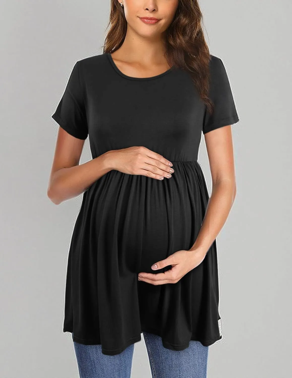 Womens Flattering Maternity Tops Comfy Short Sleeve Pleated Pregnancy Shirt