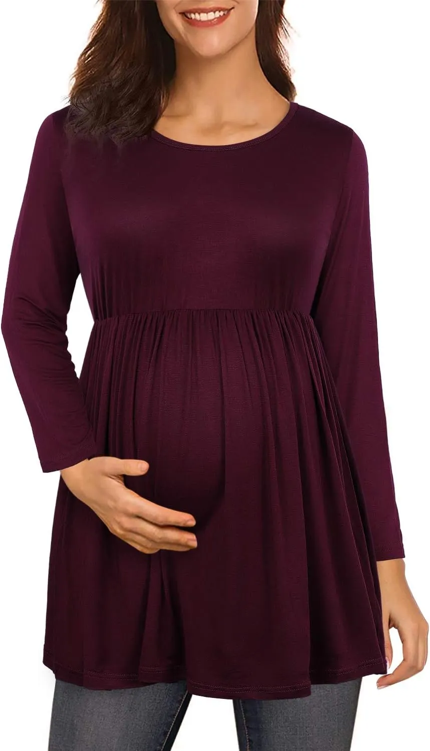 Womens Flattering Maternity Tops Comfy Short Sleeve Pleated Pregnancy Shirt