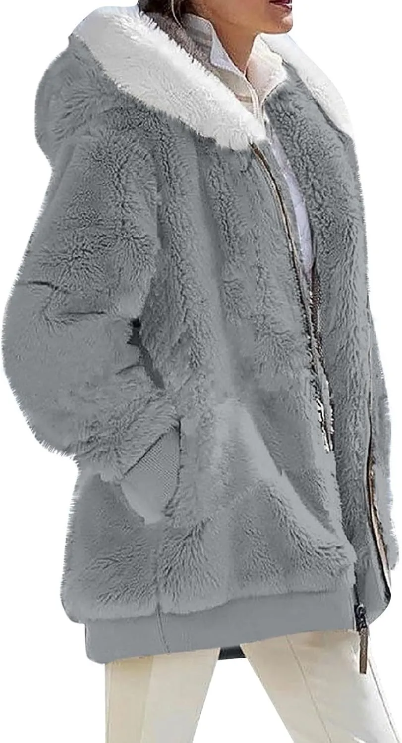Women's Fleece Jackets and Coats Zip Up Hooded Color Block Patchwork Coat Thick Warm Fuzzy Sherpa Outerwear