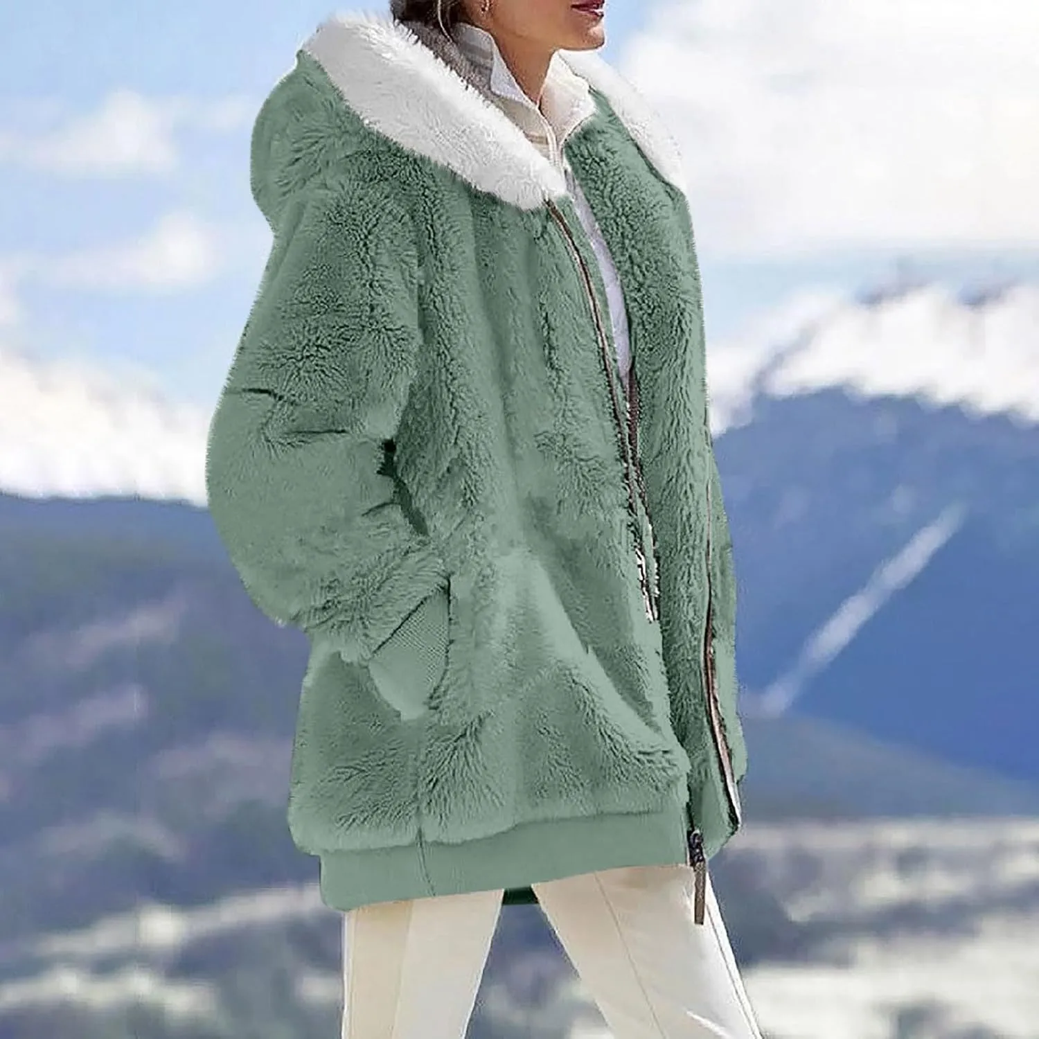Women's Fleece Jackets and Coats Zip Up Hooded Color Block Patchwork Coat Thick Warm Fuzzy Sherpa Outerwear