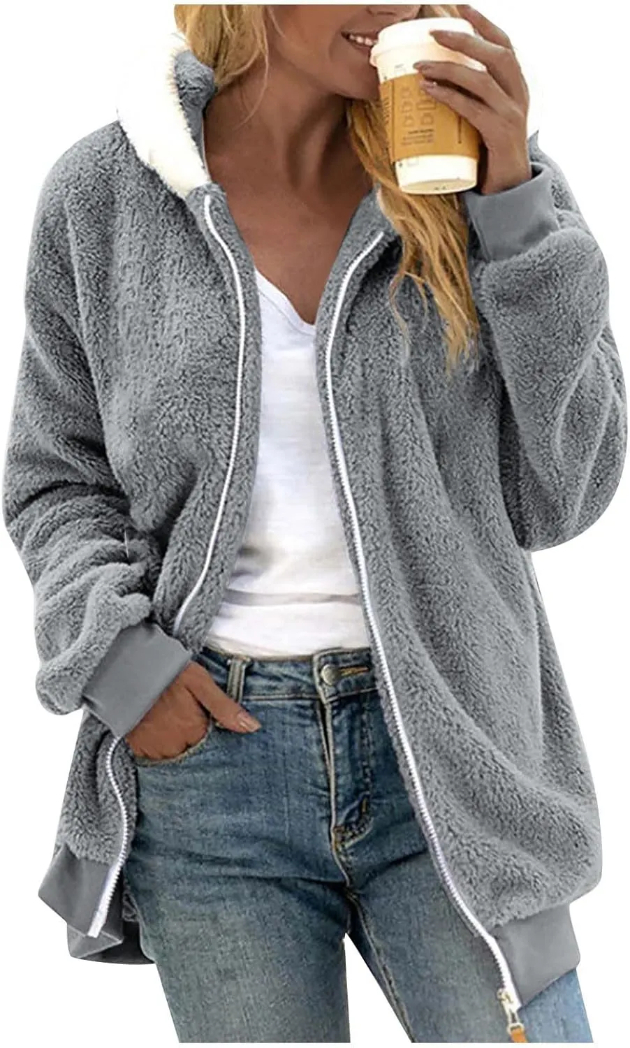 Women's Fleece Jackets and Coats Zip Up Hooded Color Block Patchwork Coat Thick Warm Fuzzy Sherpa Outerwear