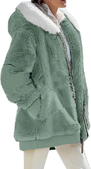 Women's Fleece Jackets and Coats Zip Up Hooded Color Block Patchwork Coat Thick Warm Fuzzy Sherpa Outerwear