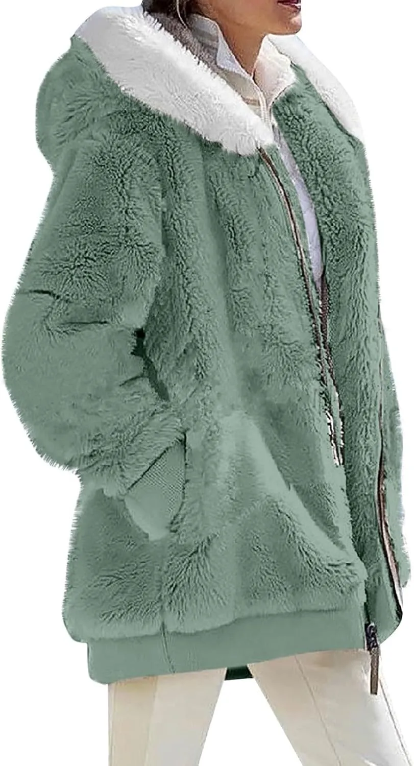 Women's Fleece Jackets and Coats Zip Up Hooded Color Block Patchwork Coat Thick Warm Fuzzy Sherpa Outerwear