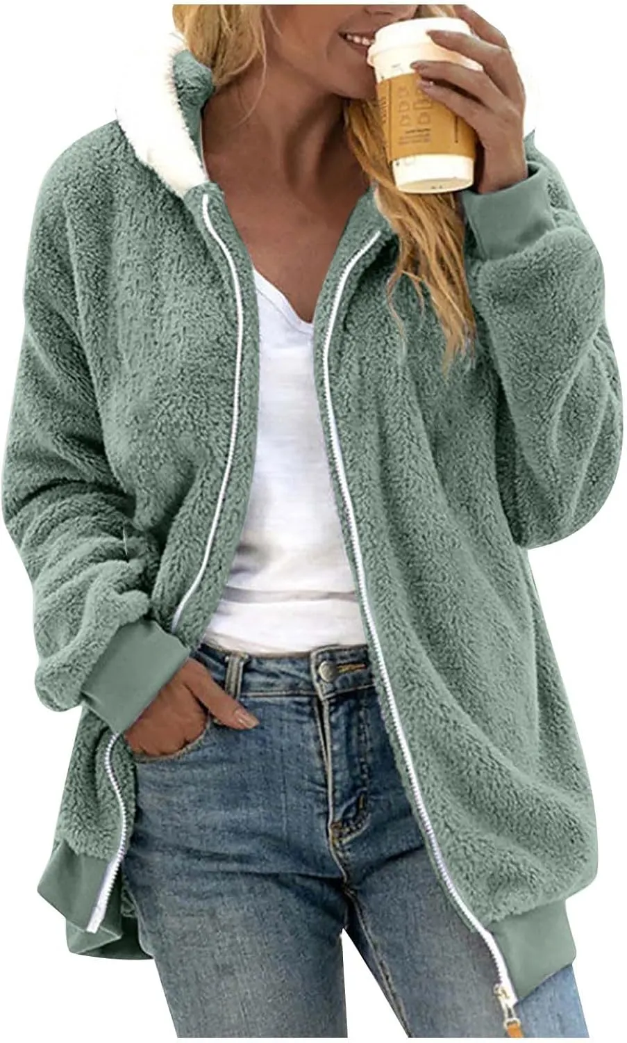 Women's Fleece Jackets and Coats Zip Up Hooded Color Block Patchwork Coat Thick Warm Fuzzy Sherpa Outerwear