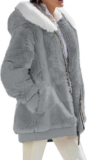 Women's Fleece Jackets and Coats Zip Up Hooded Color Block Patchwork Coat Thick Warm Fuzzy Sherpa Outerwear