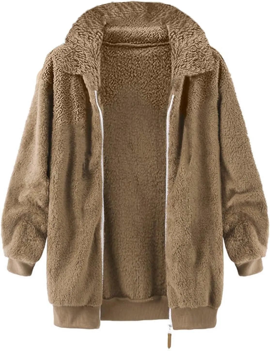 Womens Fuzzy Fleece Open Front Cardigan Jacket Oversized Long Sleeve Lapel Sherpa Warm Teddy Coat With Pockets