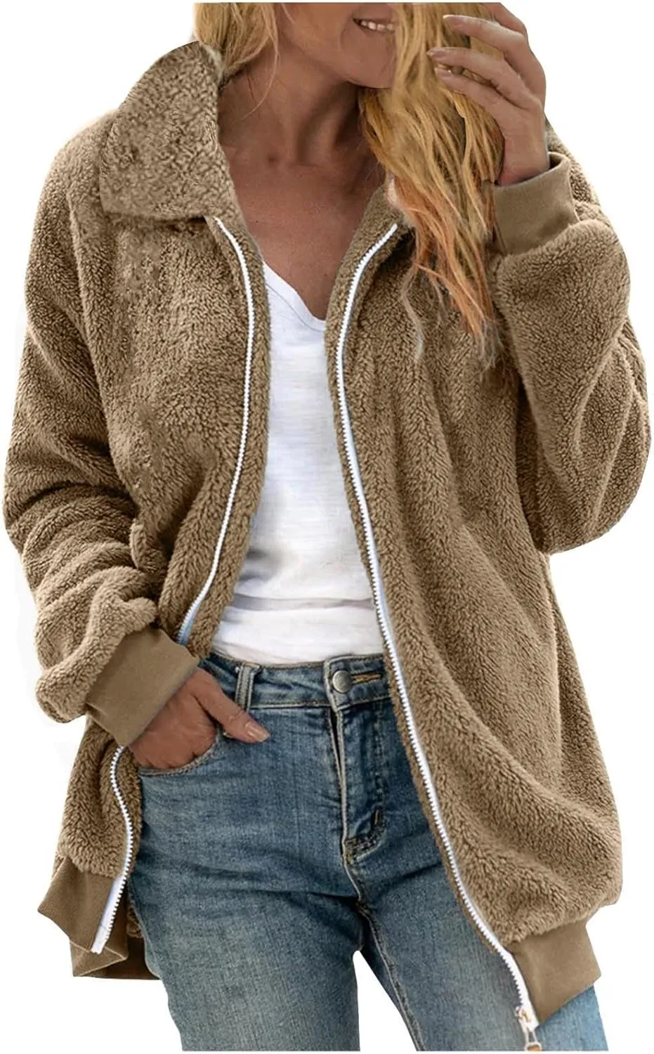 Womens Fuzzy Fleece Open Front Cardigan Jacket Oversized Long Sleeve Lapel Sherpa Warm Teddy Coat With Pockets