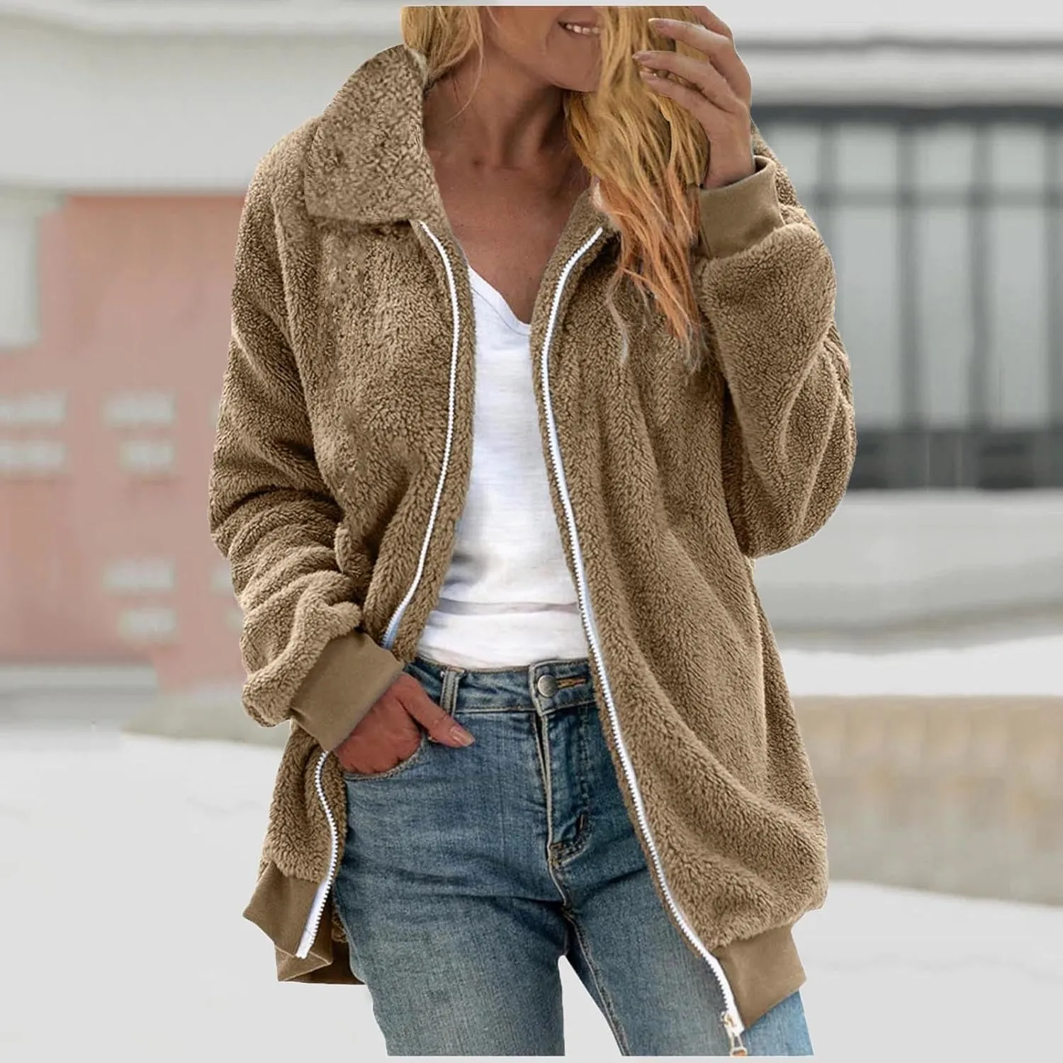 Womens Fuzzy Fleece Open Front Cardigan Jacket Oversized Long Sleeve Lapel Sherpa Warm Teddy Coat With Pockets