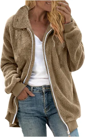 Womens Fuzzy Fleece Open Front Cardigan Jacket Oversized Long Sleeve Lapel Sherpa Warm Teddy Coat With Pockets