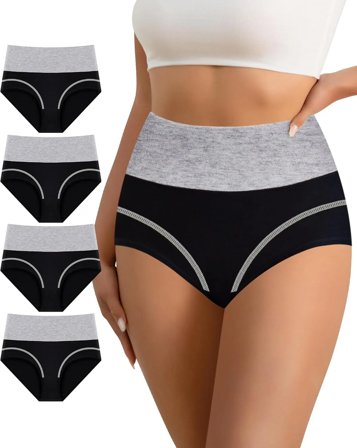 Women's High Waisted Cotton Underwear Tummy Control Underwear Stretch Soft Full Coverage Briefs Panties Multipack