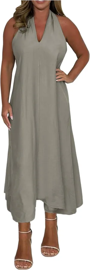 Women's Linen Long Dress Loose Fit Halter Sleeveless Casual Summer Maxi Dresses Solid A-Line Pleated Beach Dress