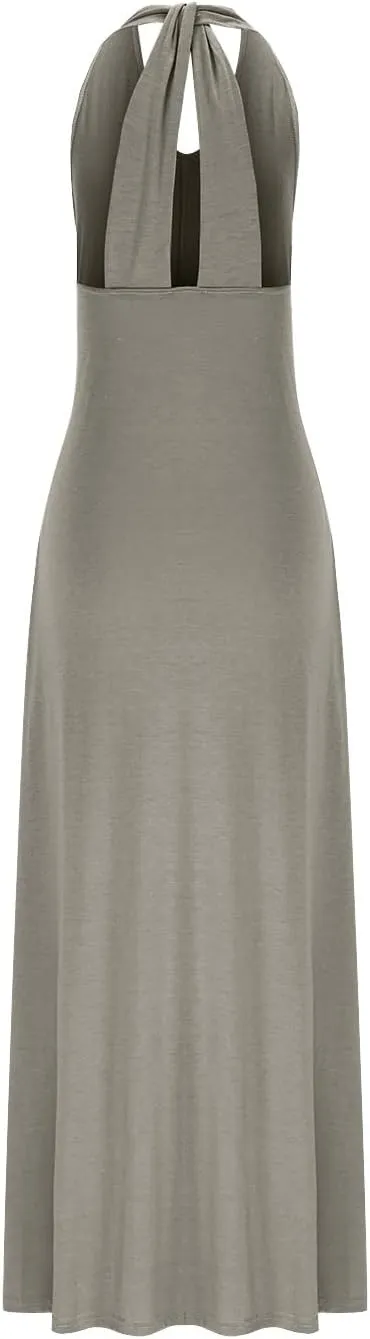 Women's Linen Long Dress Loose Fit Halter Sleeveless Casual Summer Maxi Dresses Solid A-Line Pleated Beach Dress