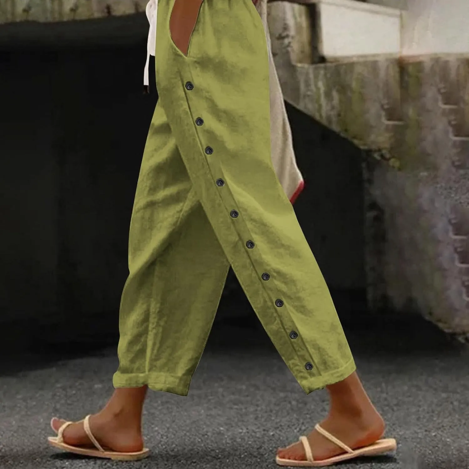 Women's Linen Pants with Side Buttons Summer Casual Lightweight Elastic Hight Waist Drawstring Loose Trousers