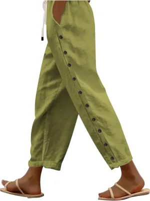 Women's Linen Pants with Side Buttons Summer Casual Lightweight Elastic Hight Waist Drawstring Loose Trousers