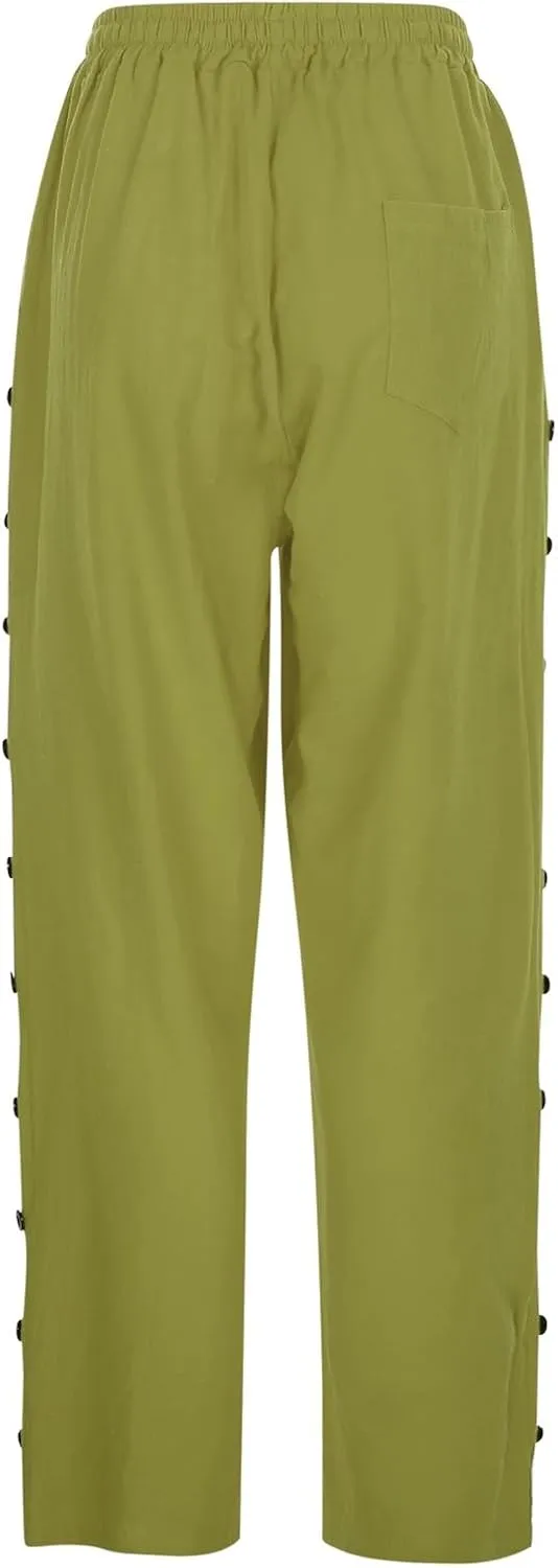 Women's Linen Pants with Side Buttons Summer Casual Lightweight Elastic Hight Waist Drawstring Loose Trousers