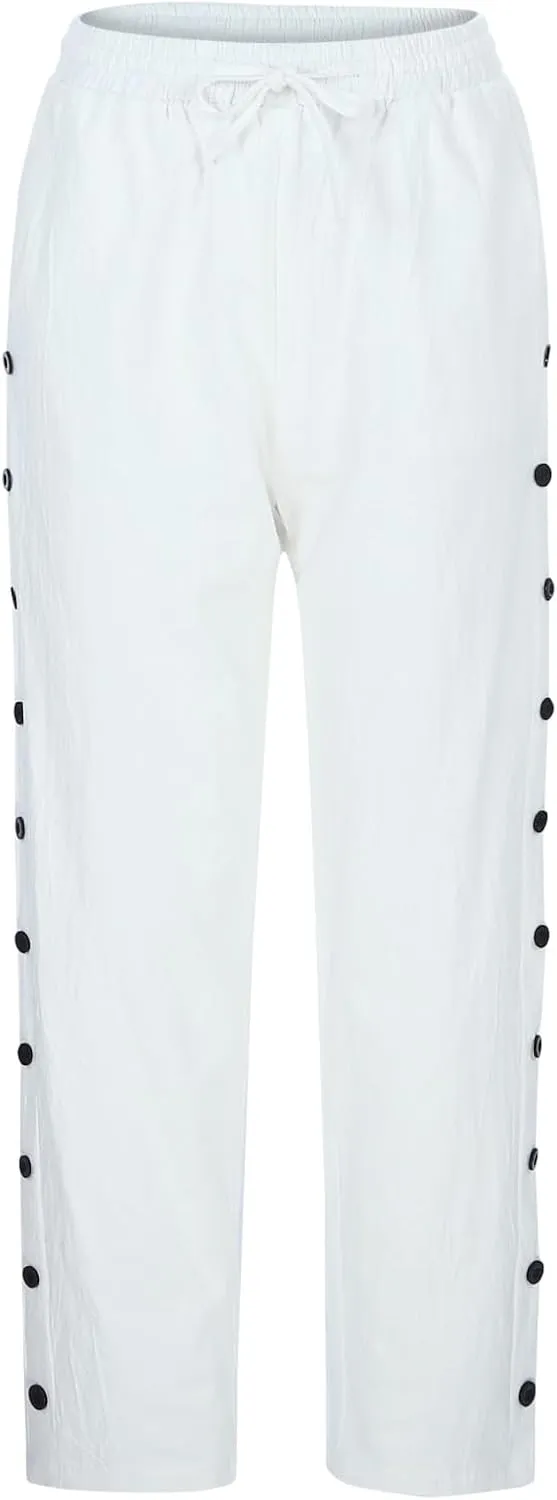 Women's Linen Pants with Side Buttons Summer Casual Lightweight Elastic Hight Waist Drawstring Loose Trousers