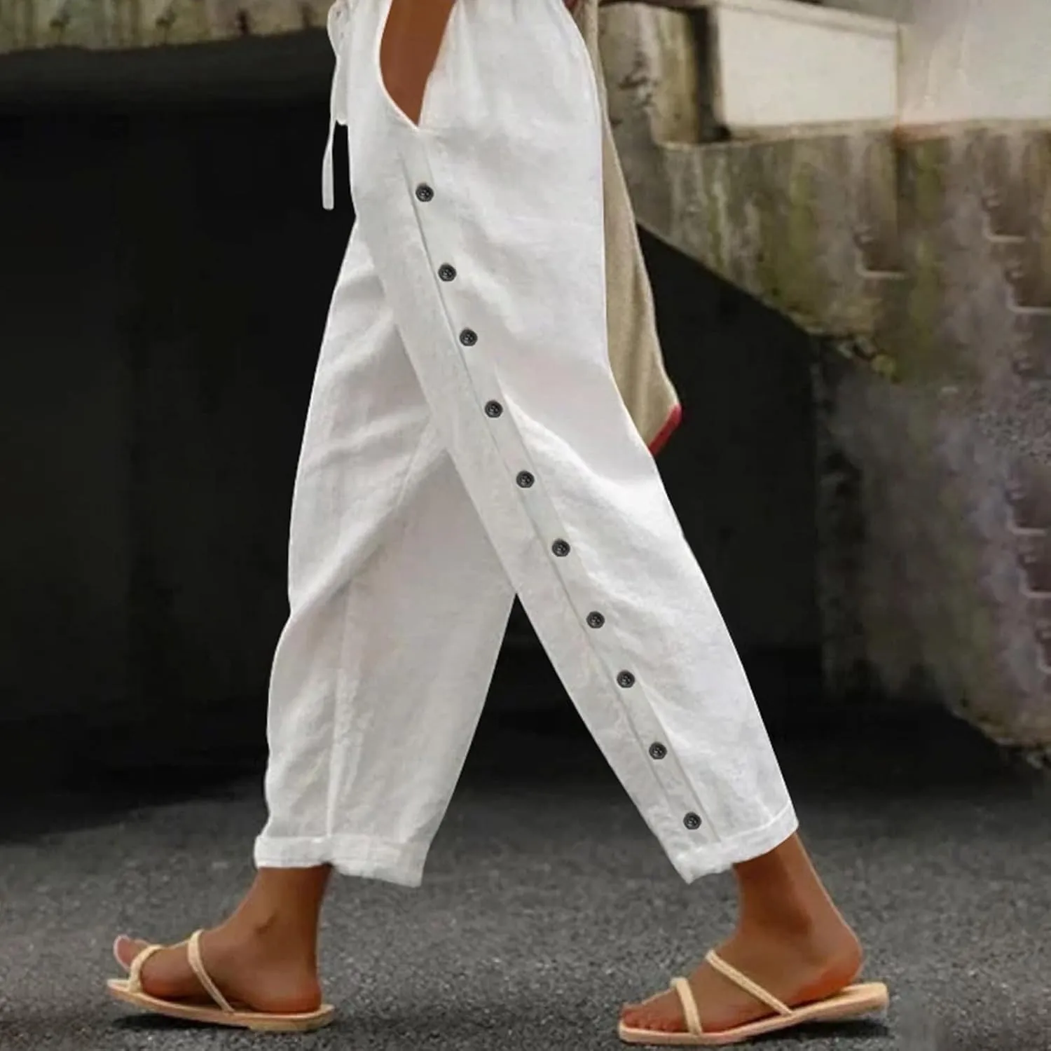 Women's Linen Pants with Side Buttons Summer Casual Lightweight Elastic Hight Waist Drawstring Loose Trousers
