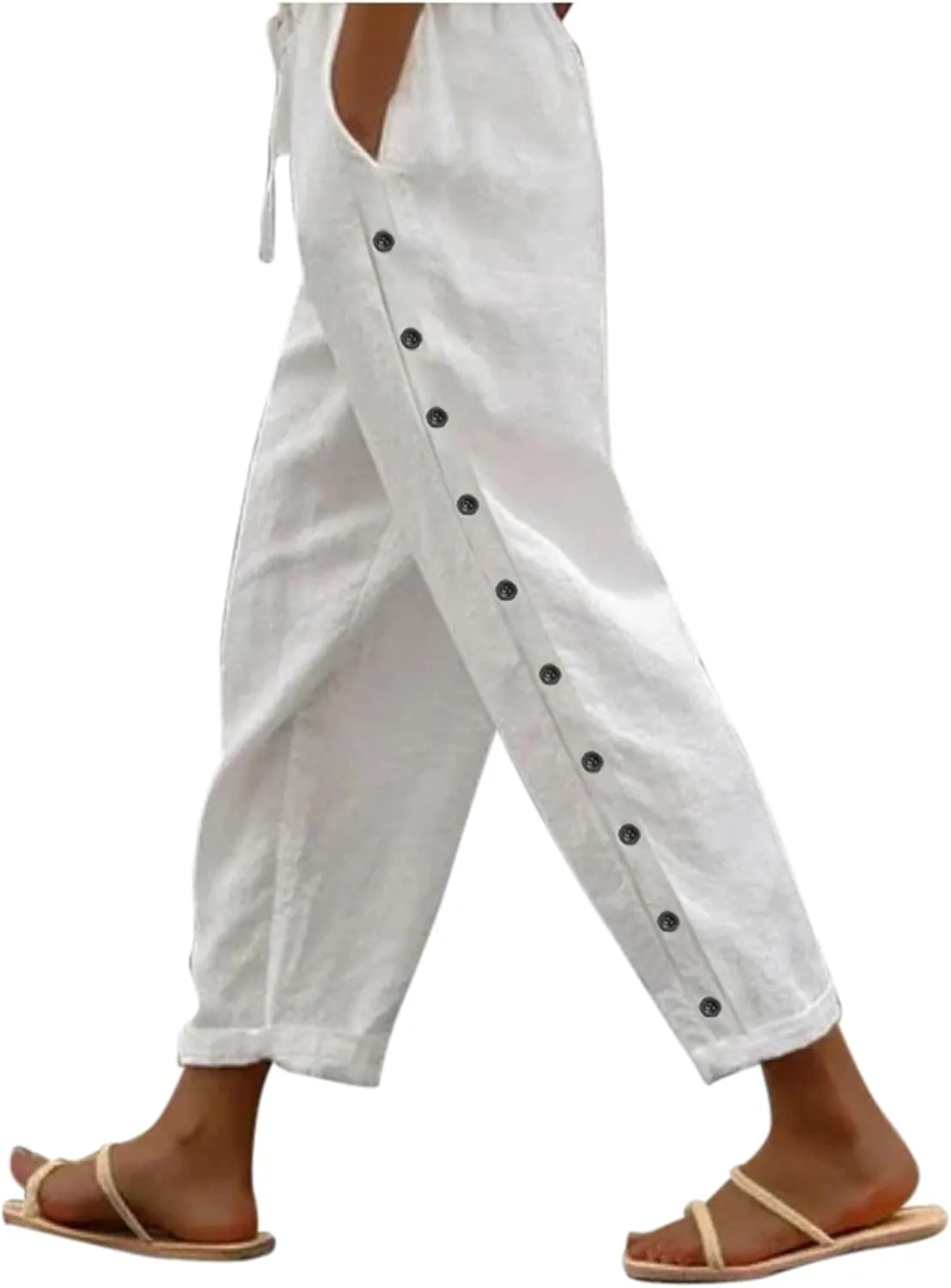 Women's Linen Pants with Side Buttons Summer Casual Lightweight Elastic Hight Waist Drawstring Loose Trousers