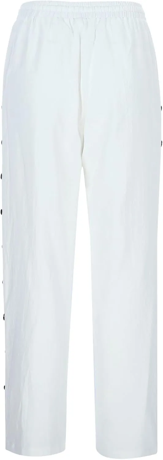 Women's Linen Pants with Side Buttons Summer Casual Lightweight Elastic Hight Waist Drawstring Loose Trousers