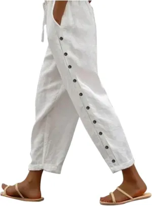 Women's Linen Pants with Side Buttons Summer Casual Lightweight Elastic Hight Waist Drawstring Loose Trousers