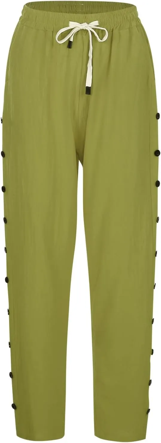 Women's Linen Pants with Side Buttons Summer Casual Lightweight Elastic Hight Waist Drawstring Loose Trousers
