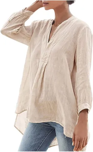 Women's Linen Shirts V-Neck Button Down Blouse Floral Print Beach Tshirt Long Sleeve Loose Fit T Shirt