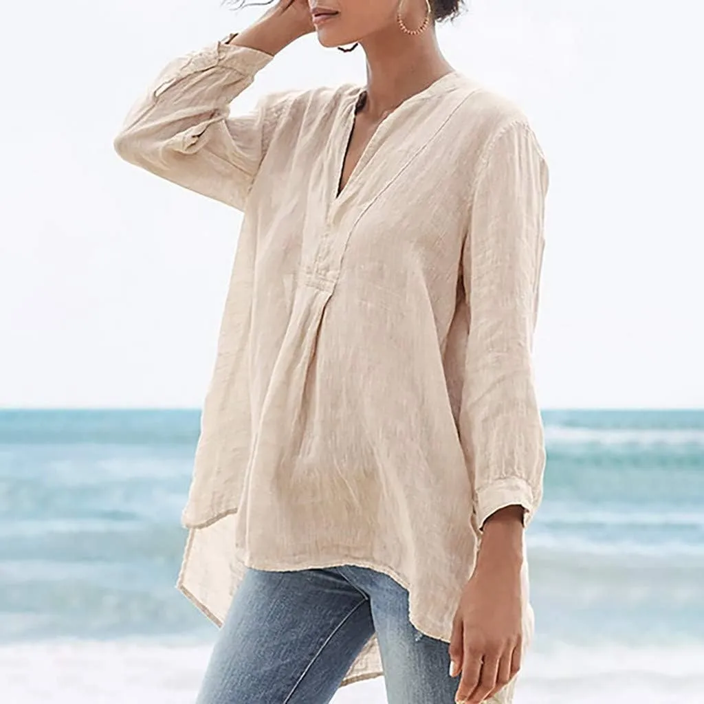 Women's Linen Shirts V-Neck Button Down Blouse Floral Print Beach Tshirt Long Sleeve Loose Fit T Shirt