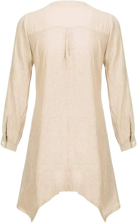 Women's Linen Shirts V-Neck Button Down Blouse Floral Print Beach Tshirt Long Sleeve Loose Fit T Shirt